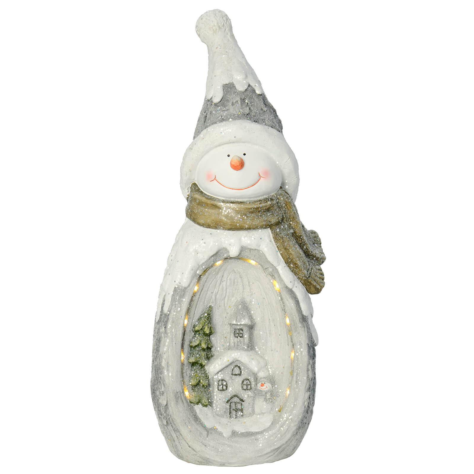 Large smiling snowman Christmas ceramic ornament with warm white LED lights, grey and white church snow scene with tree